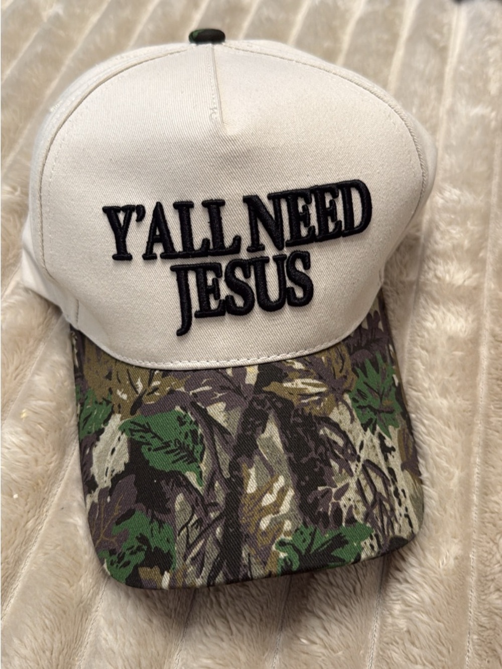 Y'ALL NEED JESUS Embroidered Trucker Cap - White & Camouflage